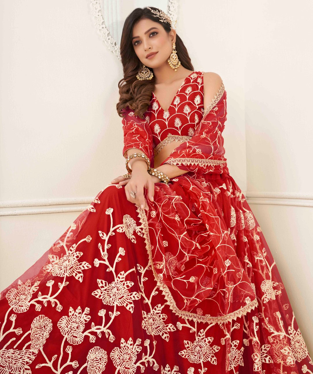 Women's Red Net Thread Embroidery Lehenga Set - Gruhnaree