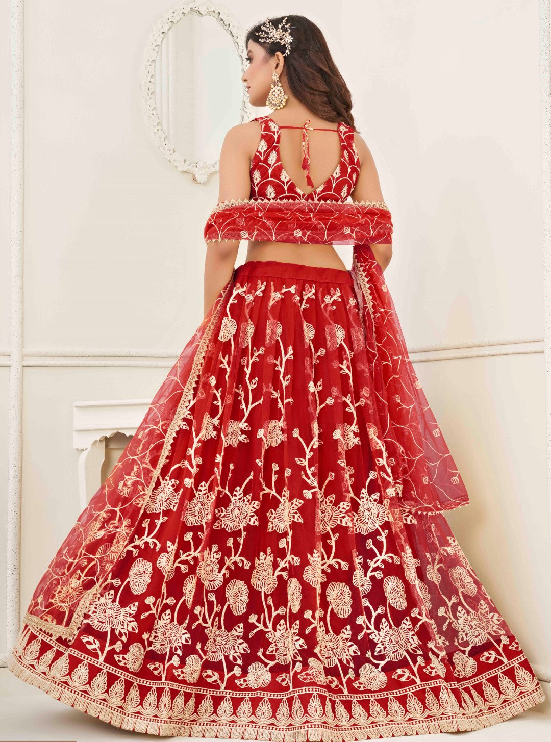 Women's Red Net Thread Embroidery Lehenga Set - Gruhnaree