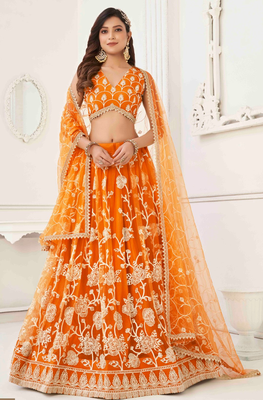 Women's Orange Net Thread Embroidery Lehenga Set - Gruhnaree