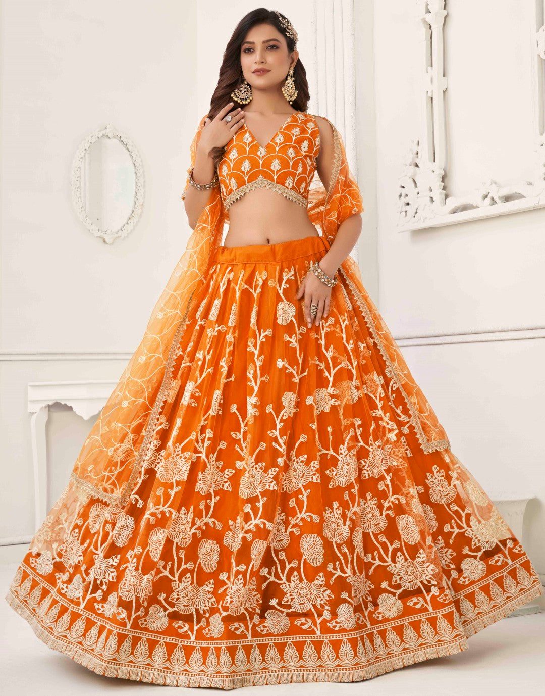 Women's Orange Net Thread Embroidery Lehenga Set - Gruhnaree