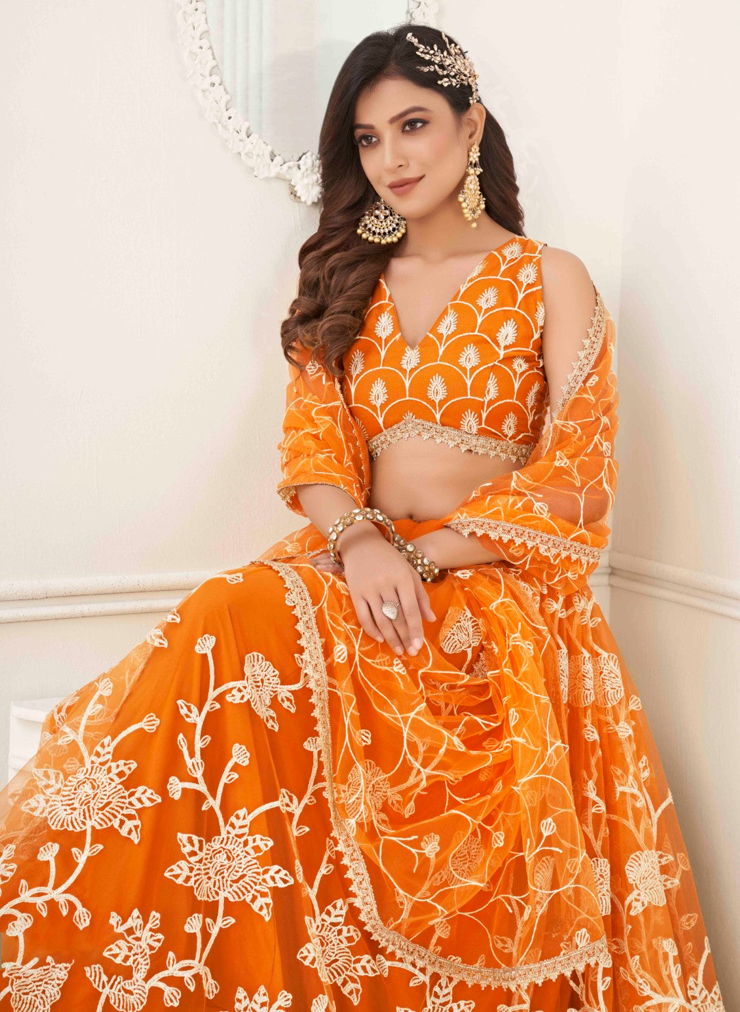 Women's Orange Net Thread Embroidery Lehenga Set - Gruhnaree