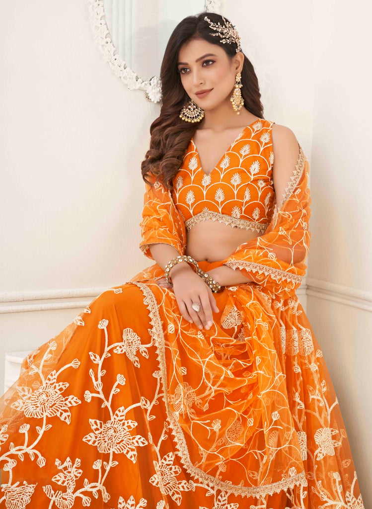 Women's Orange Net Thread Embroidery Lehenga Set