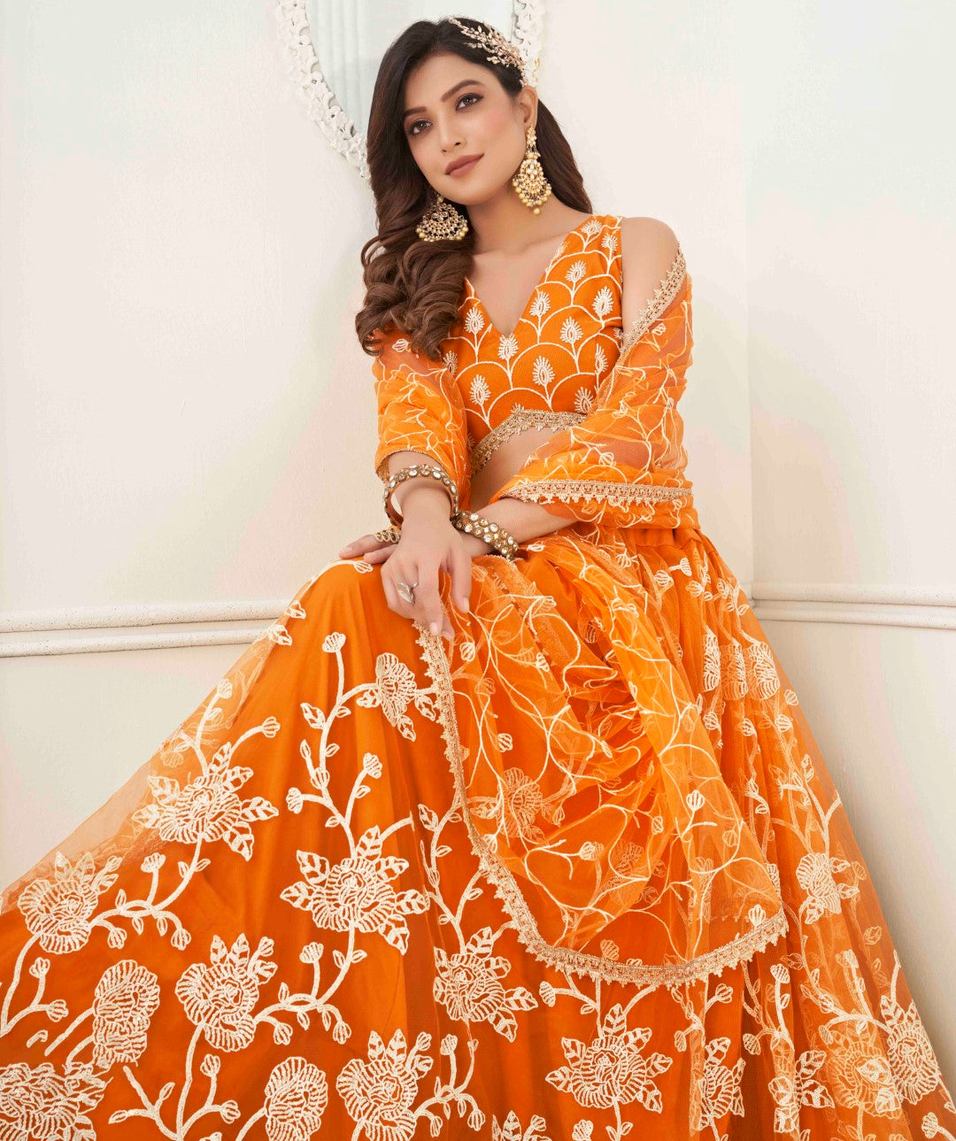 Women's Orange Net Thread Embroidery Lehenga Set - Gruhnaree