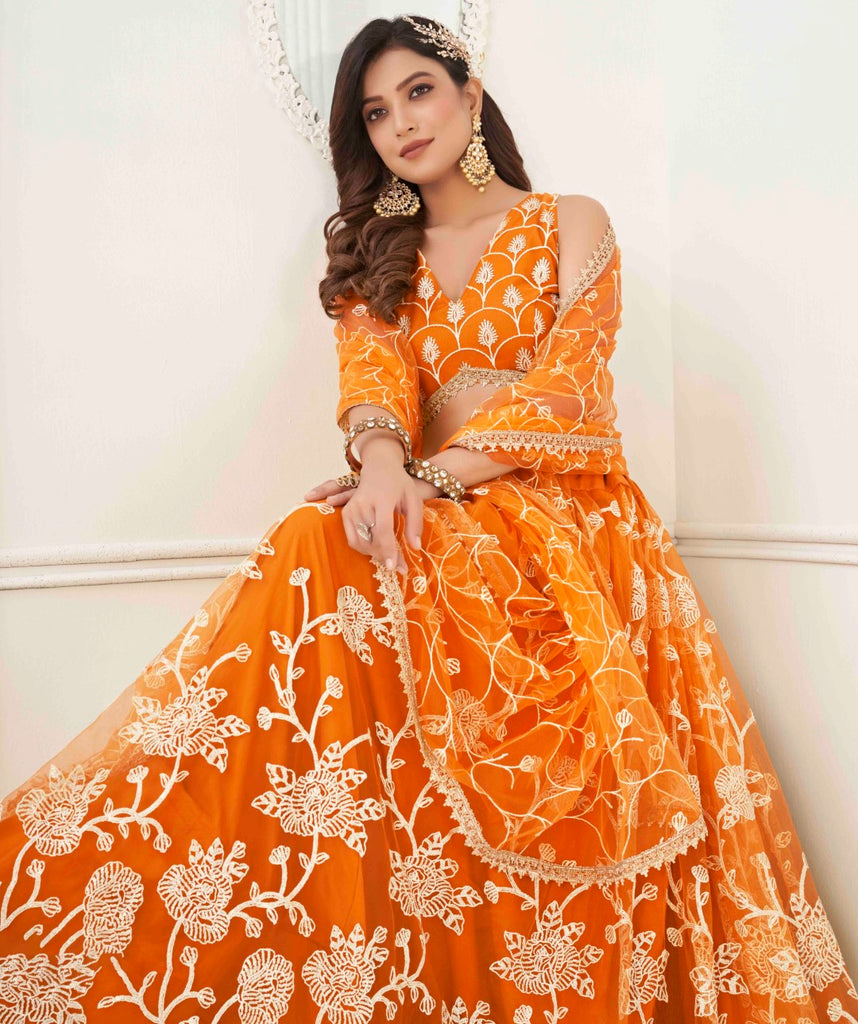 Women's Orange Net Thread Embroidery Lehenga Set