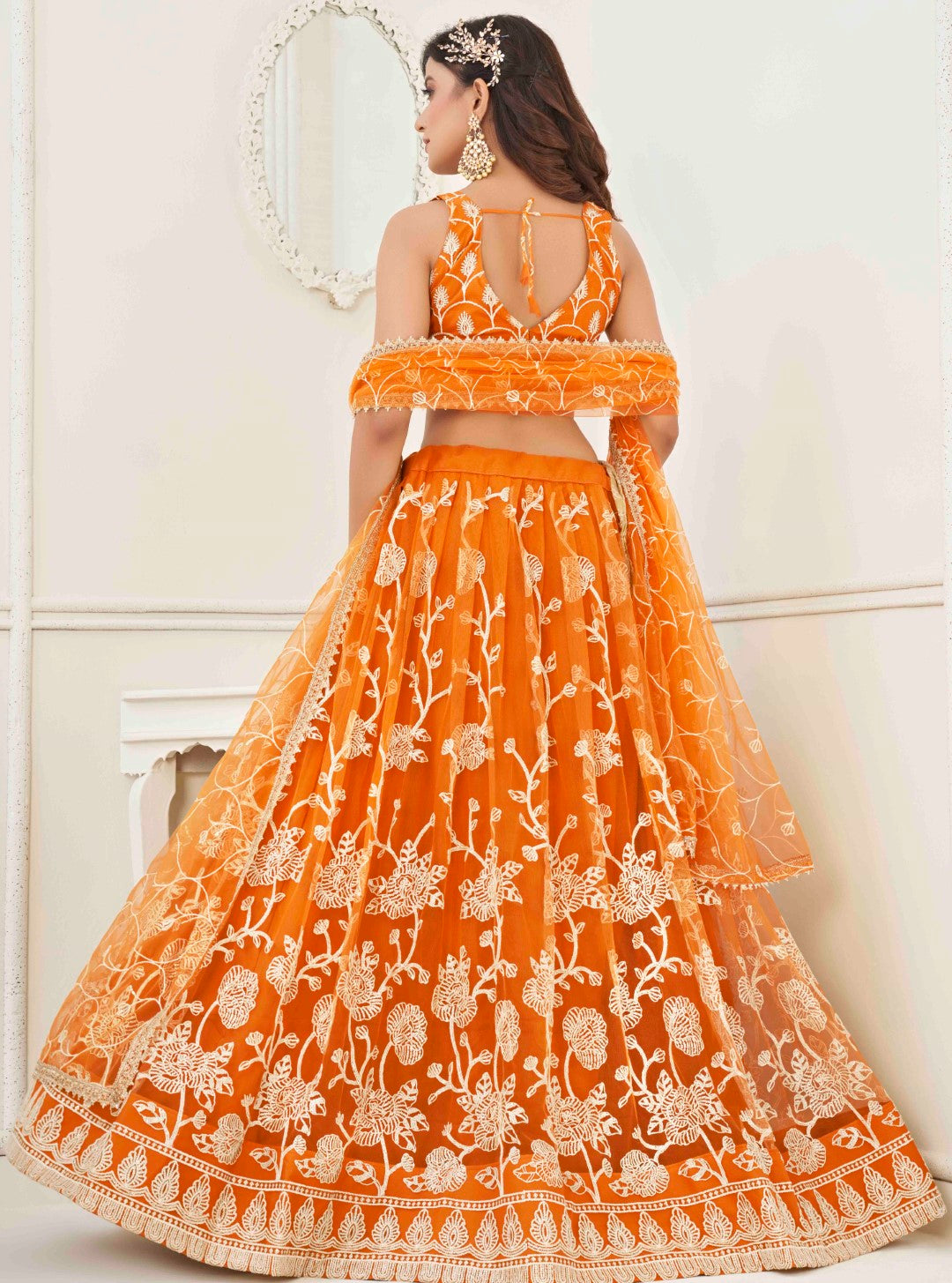 Women's Orange Net Thread Embroidery Lehenga Set - Gruhnaree