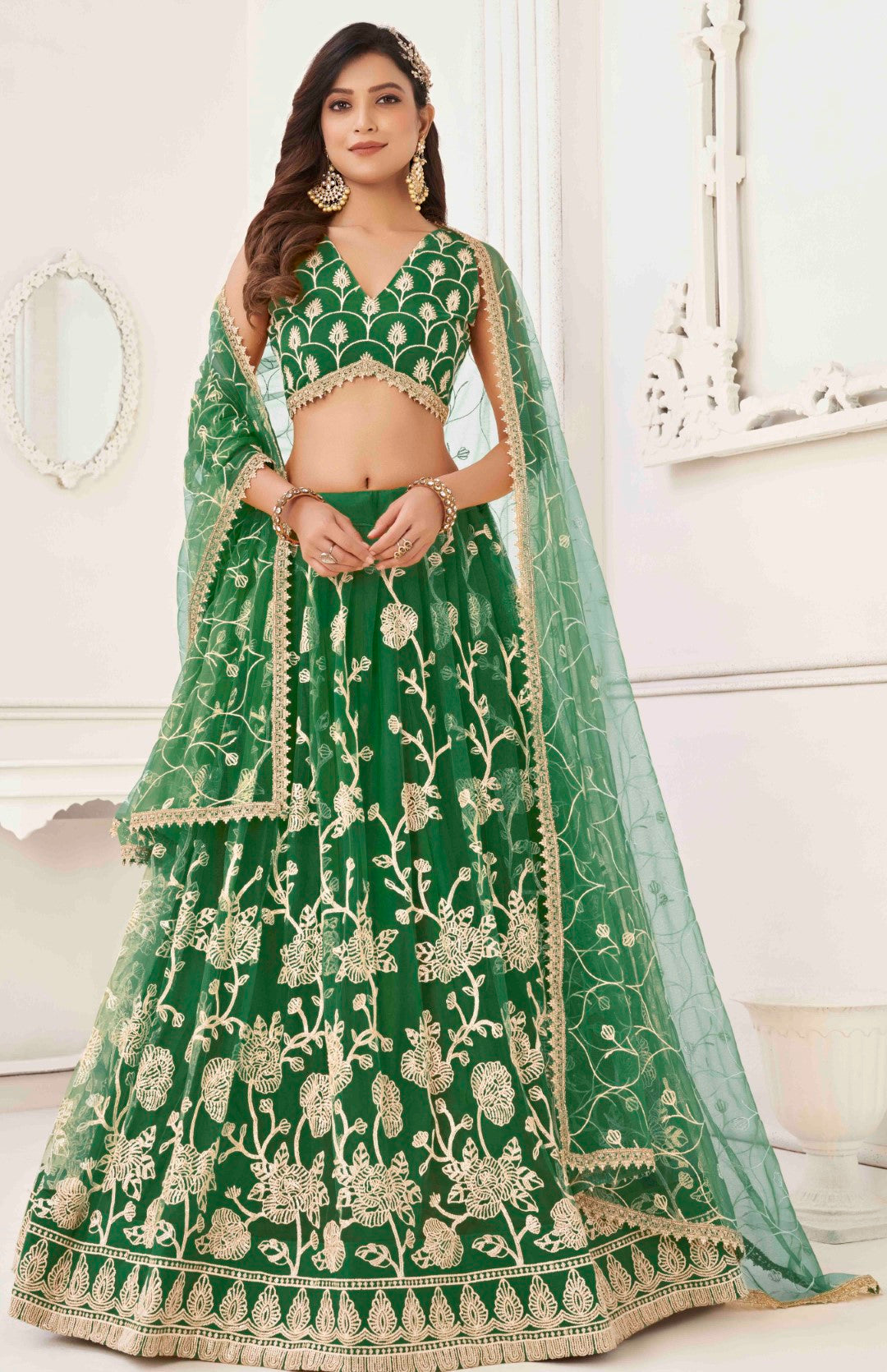 Women's Green Net Thread Embroidery Lehenga Set - Gruhnaree