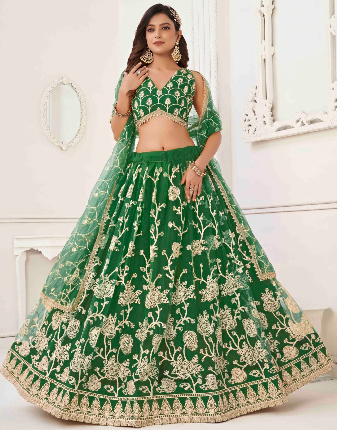 Women's Green Net Thread Embroidery Lehenga Set - Gruhnaree