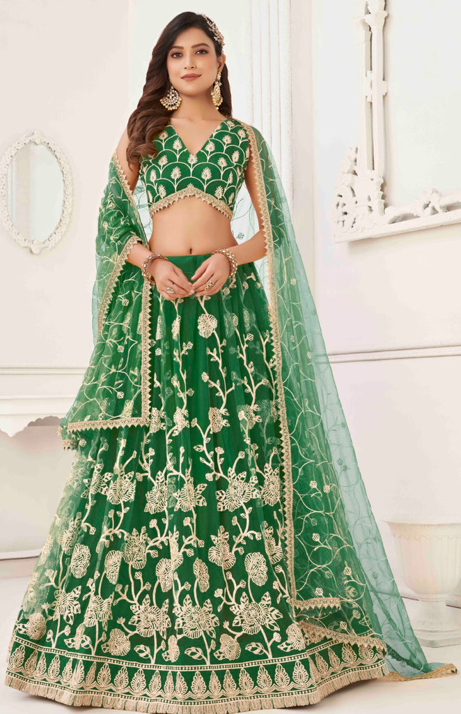 Women's Green Net Thread Embroidery Lehenga Set