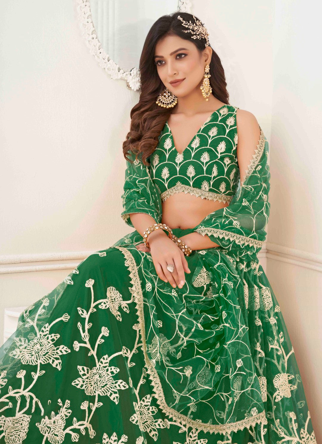 Women's Green Net Thread Embroidery Lehenga Set - Gruhnaree