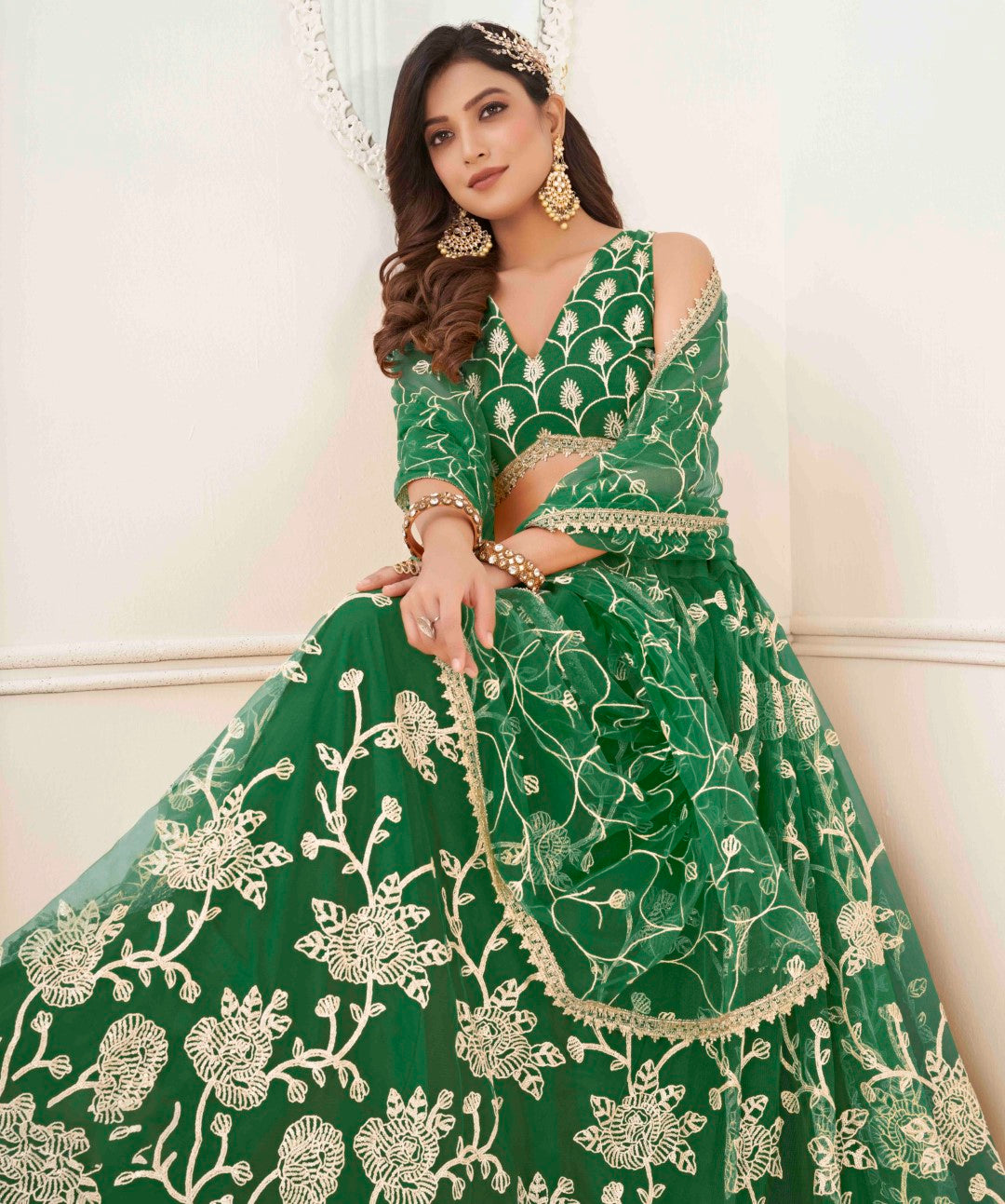 Women's Green Net Thread Embroidery Lehenga Set - Gruhnaree