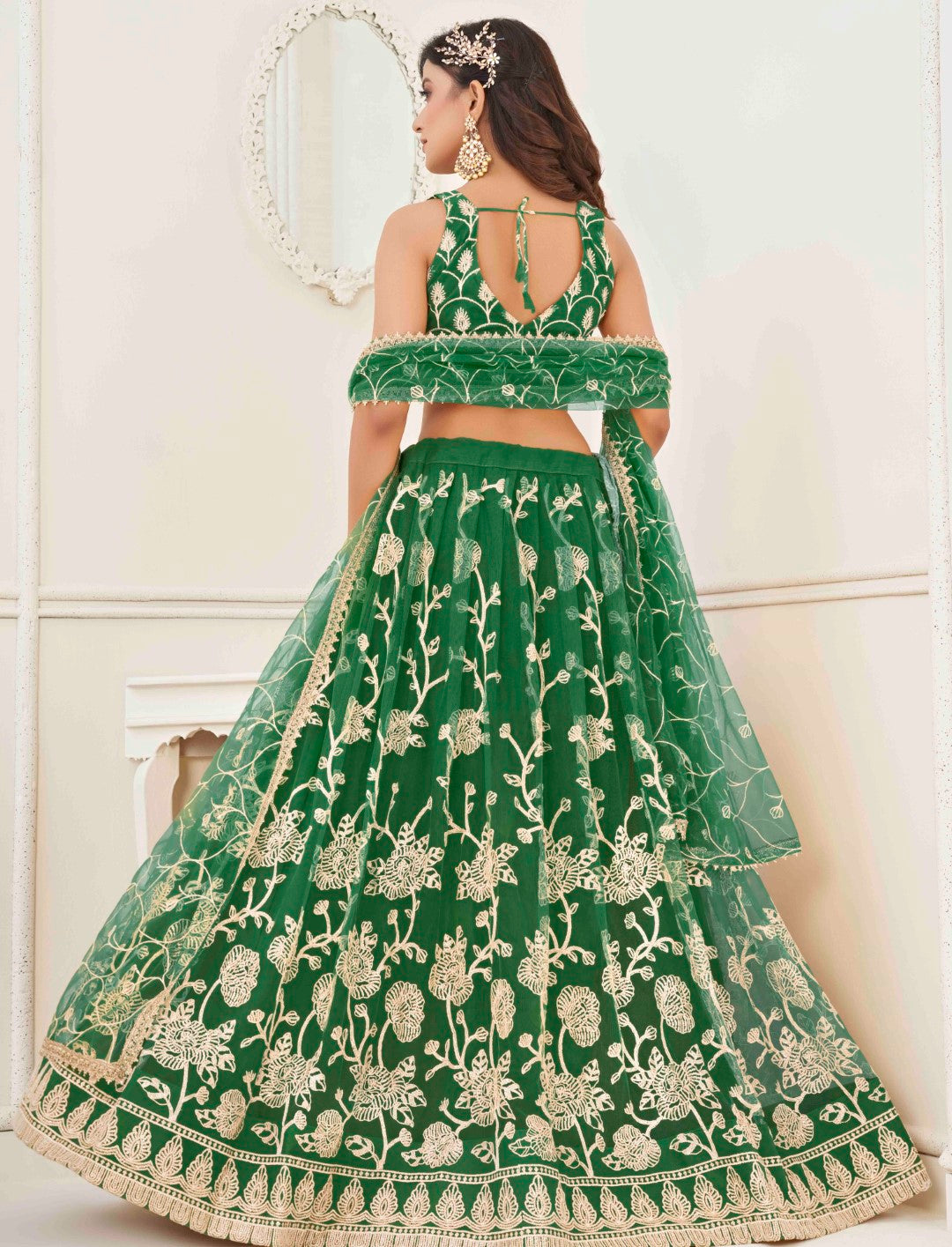 Women's Green Net Thread Embroidery Lehenga Set - Gruhnaree