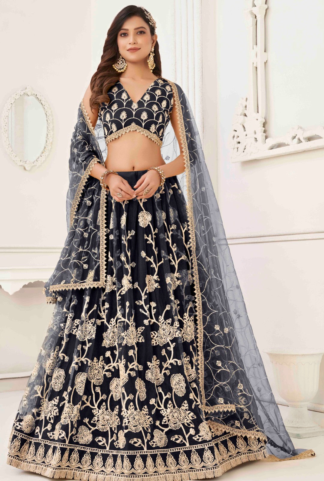 Women's Black Net Thread Embroidery Lehenga Set - Gruhnaree