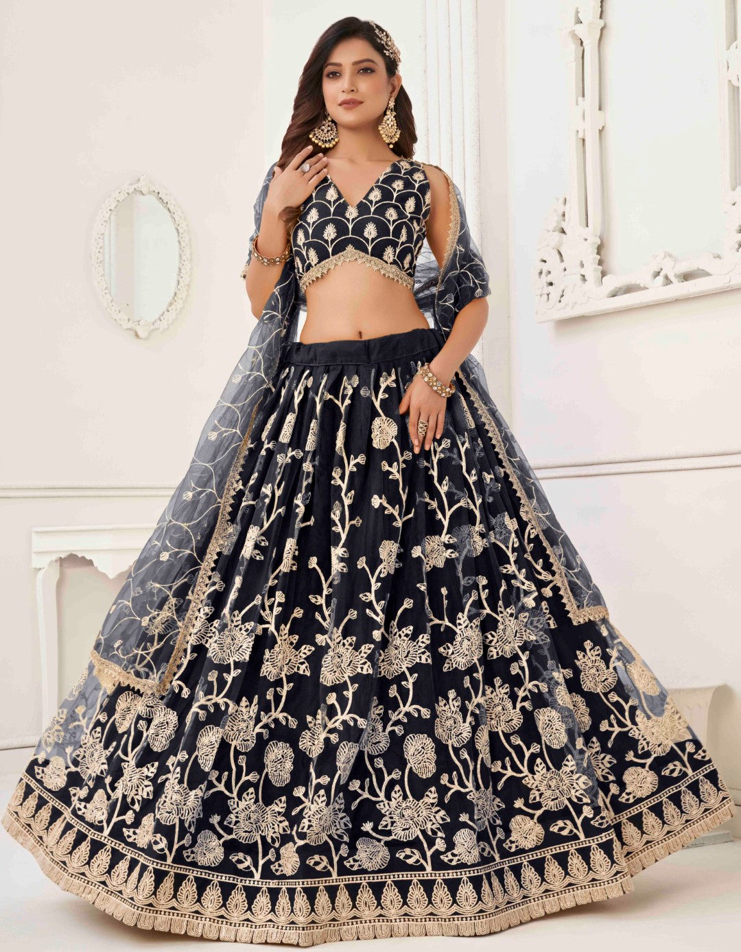 Women's Black Net Thread Embroidery Lehenga Set - Gruhnaree