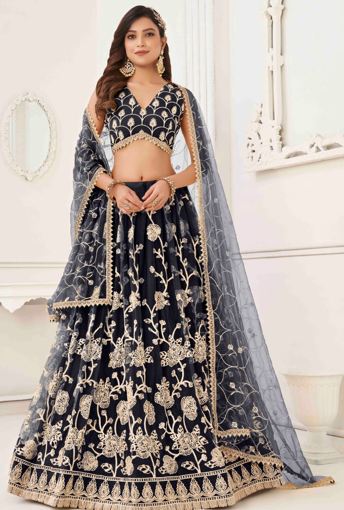Women's Black Net Thread Embroidery Lehenga Set
