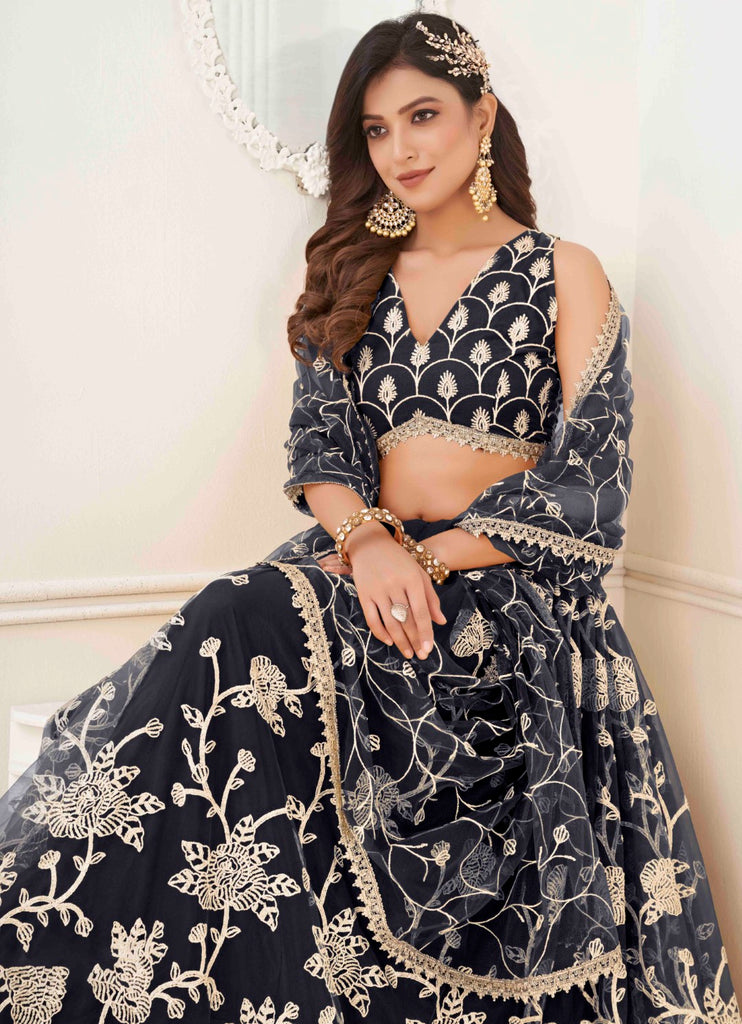 Women's Black Net Thread Embroidery Lehenga Set