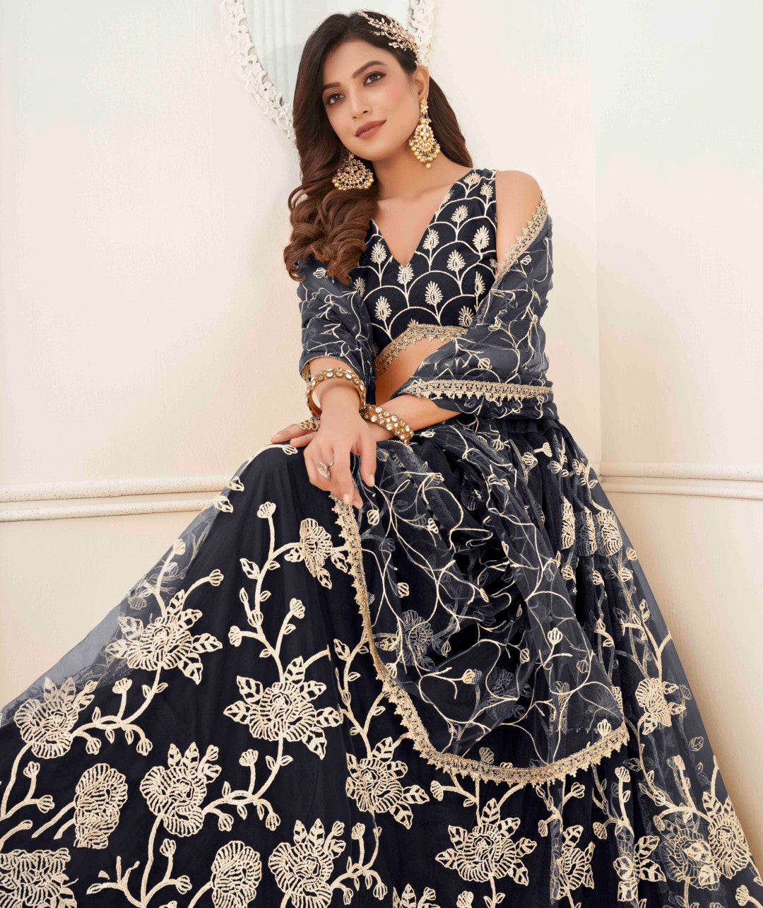 Women's Black Net Thread Embroidery Lehenga Set - Gruhnaree