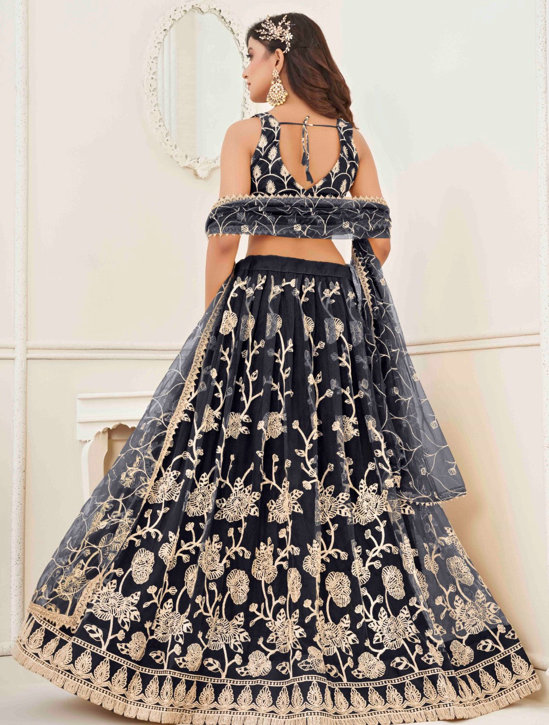 Women's Black Net Thread Embroidery Lehenga Set - Gruhnaree