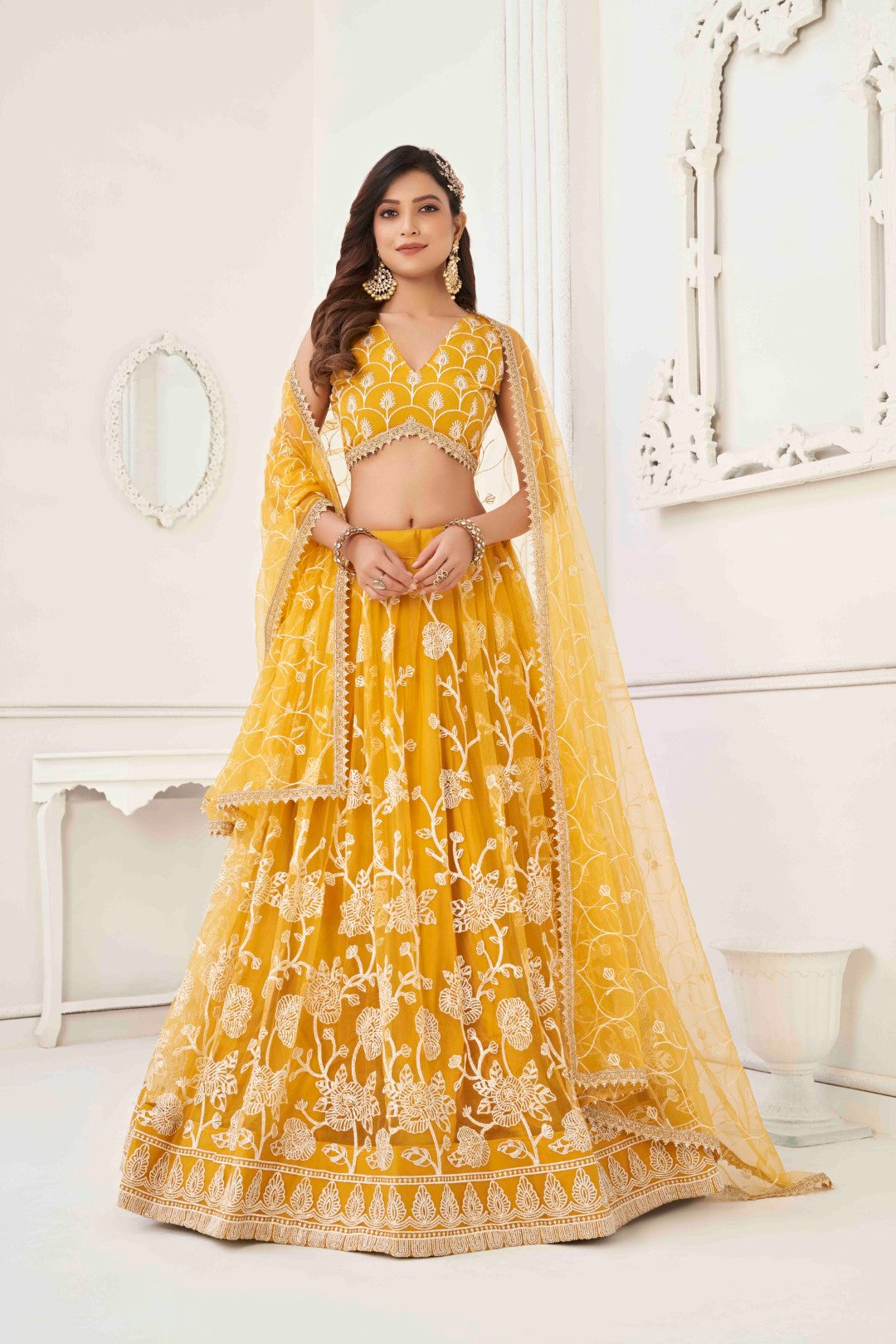 Women's Mustard Net Thread Embroidery Lehenga Set - Gruhnaree