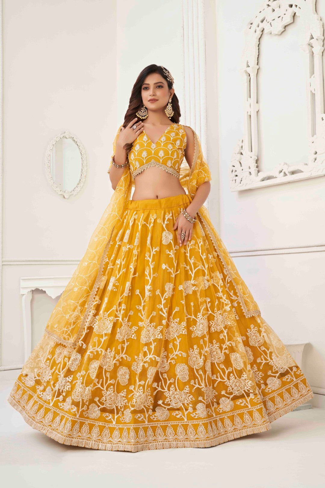 Women's Mustard Net Thread Embroidery Lehenga Set - Gruhnaree