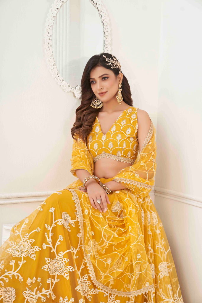 Women's Mustard Net Thread Embroidery Lehenga Set