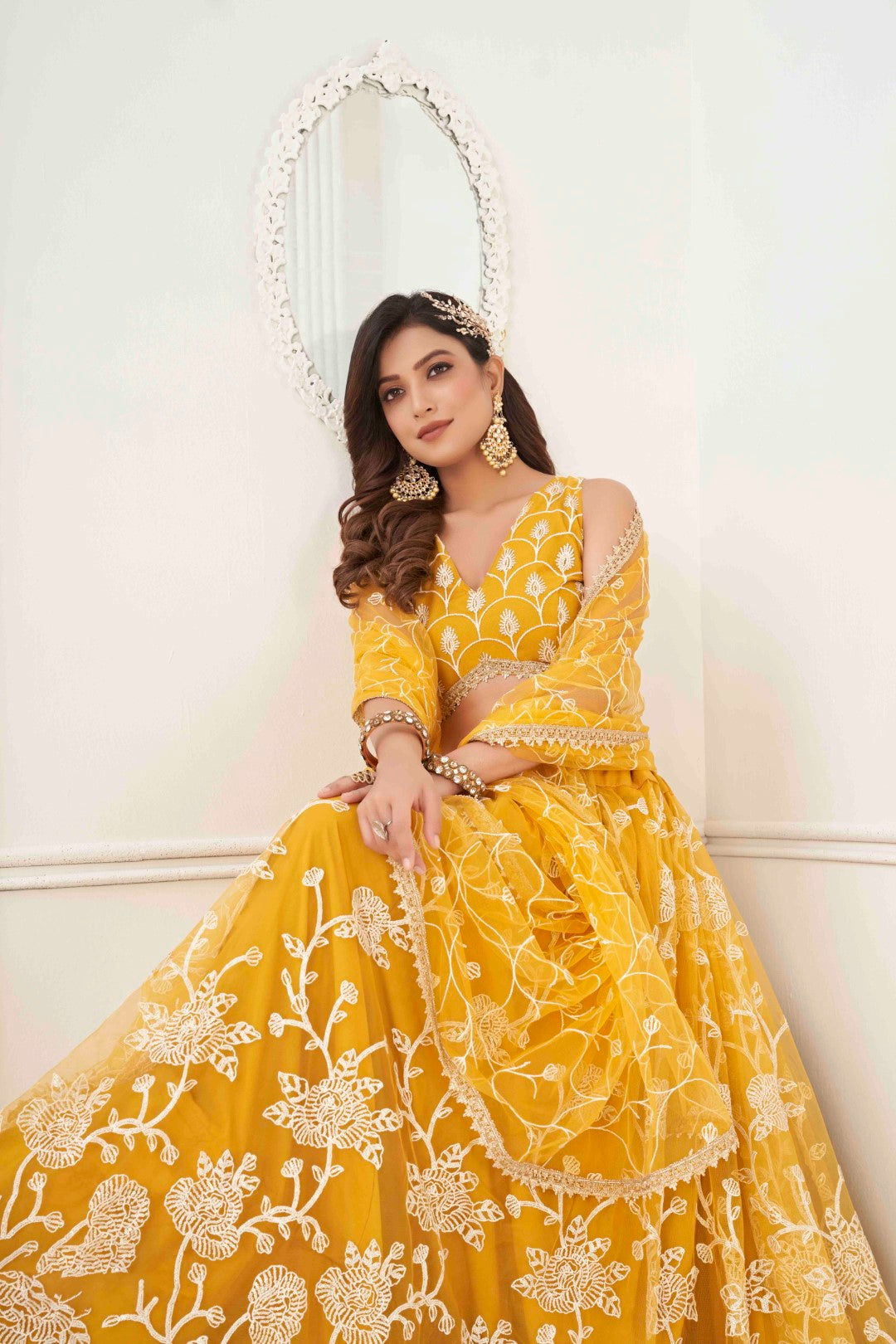 Women's Mustard Net Thread Embroidery Lehenga Set - Gruhnaree