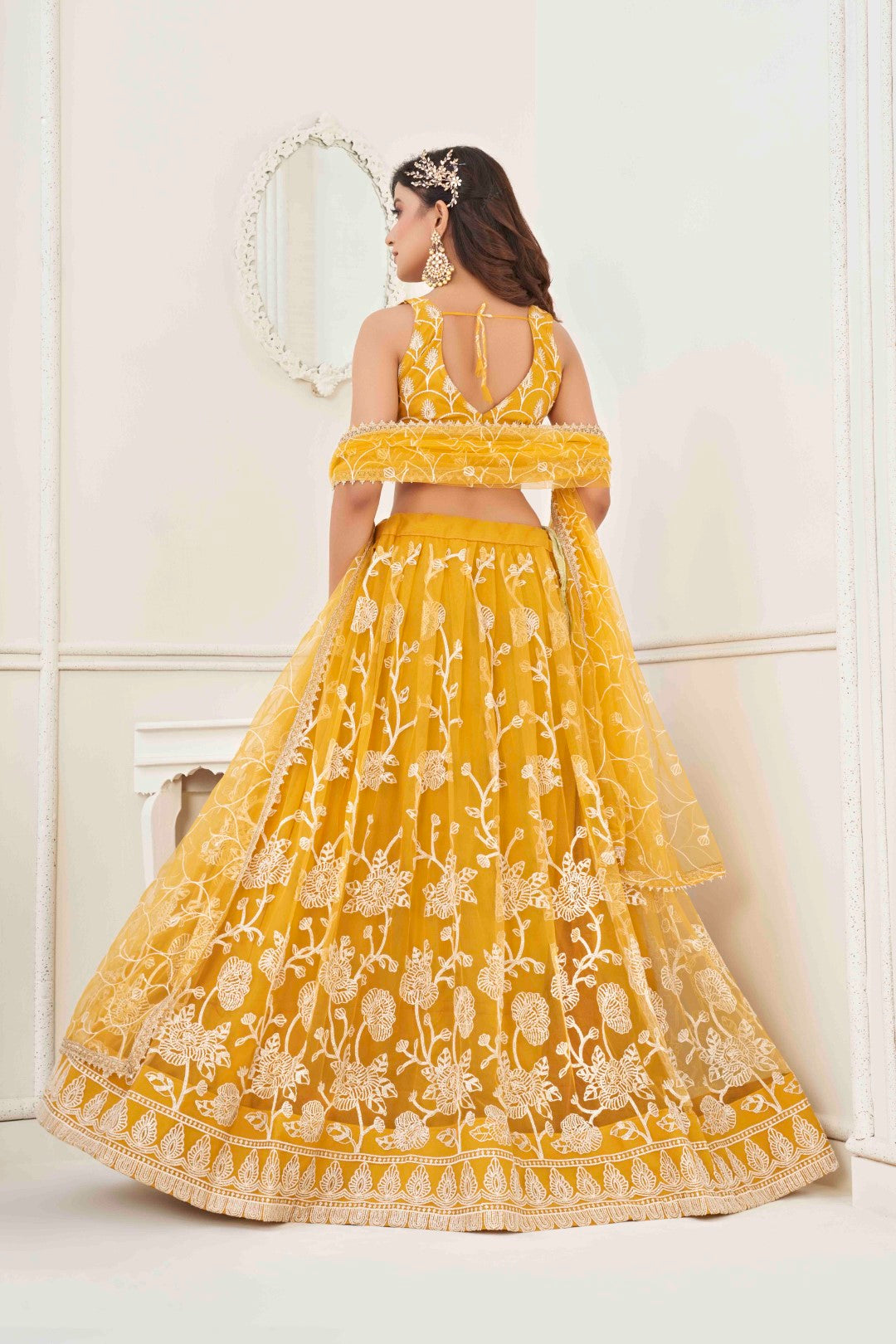 Women's Mustard Net Thread Embroidery Lehenga Set - Gruhnaree