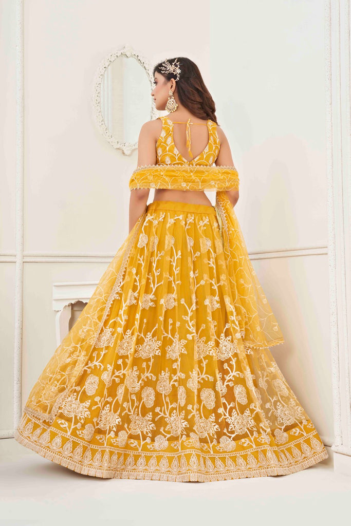 Women's Mustard Net Thread Embroidery Lehenga Set