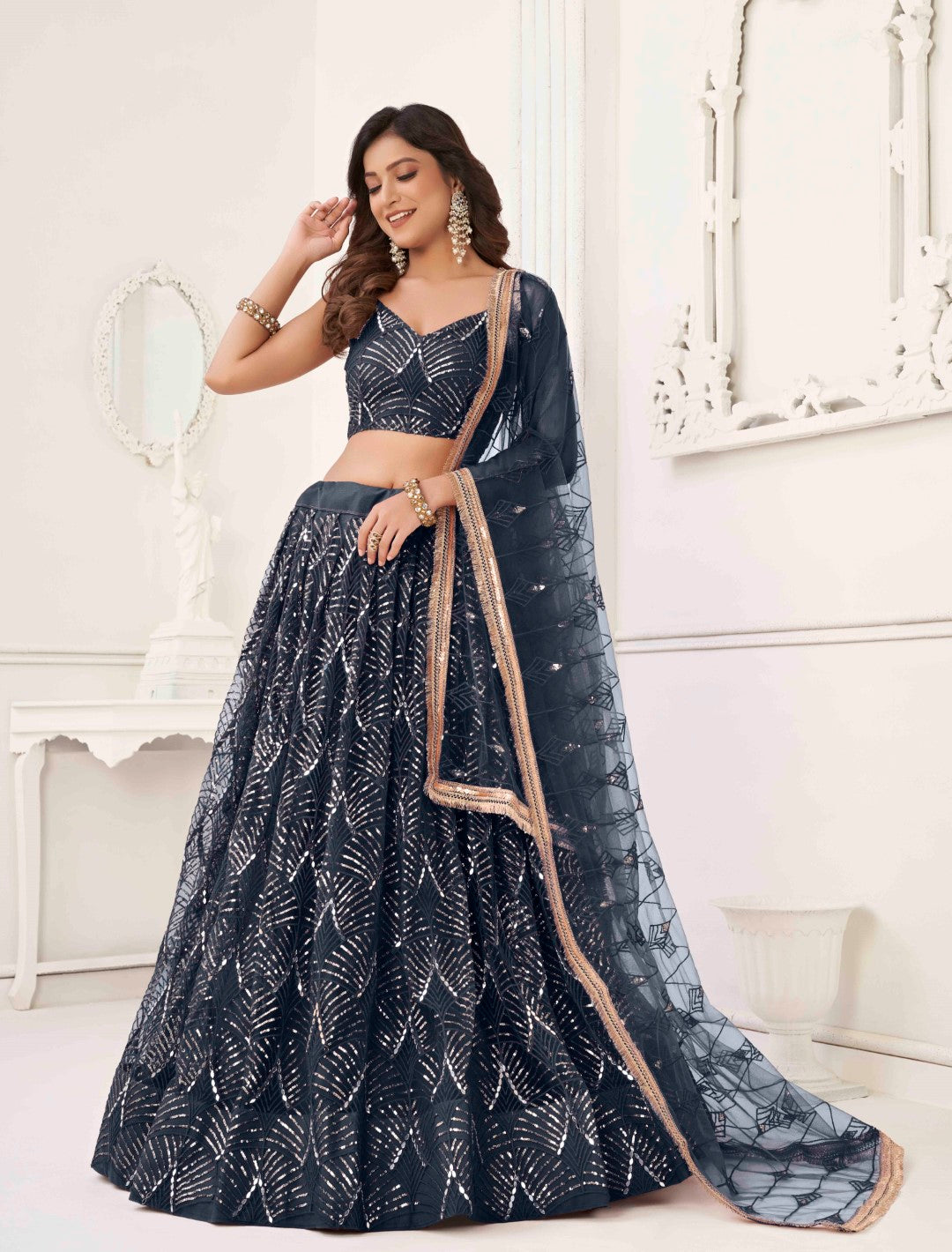 Women's Black Net Thread Embroidery Lehenga Set - Gruhnaree