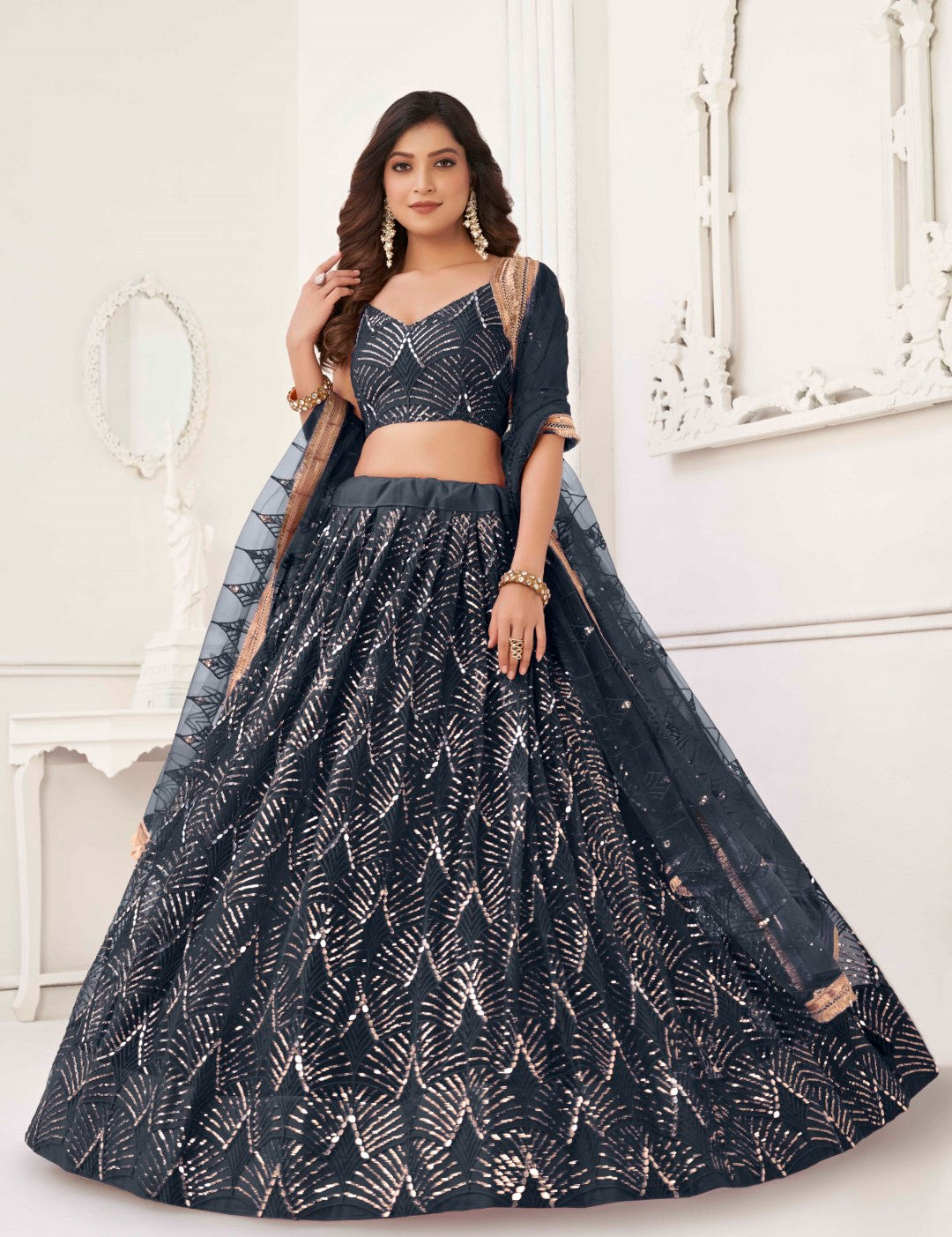 Women's Black Net Thread Embroidery Lehenga Set - Gruhnaree