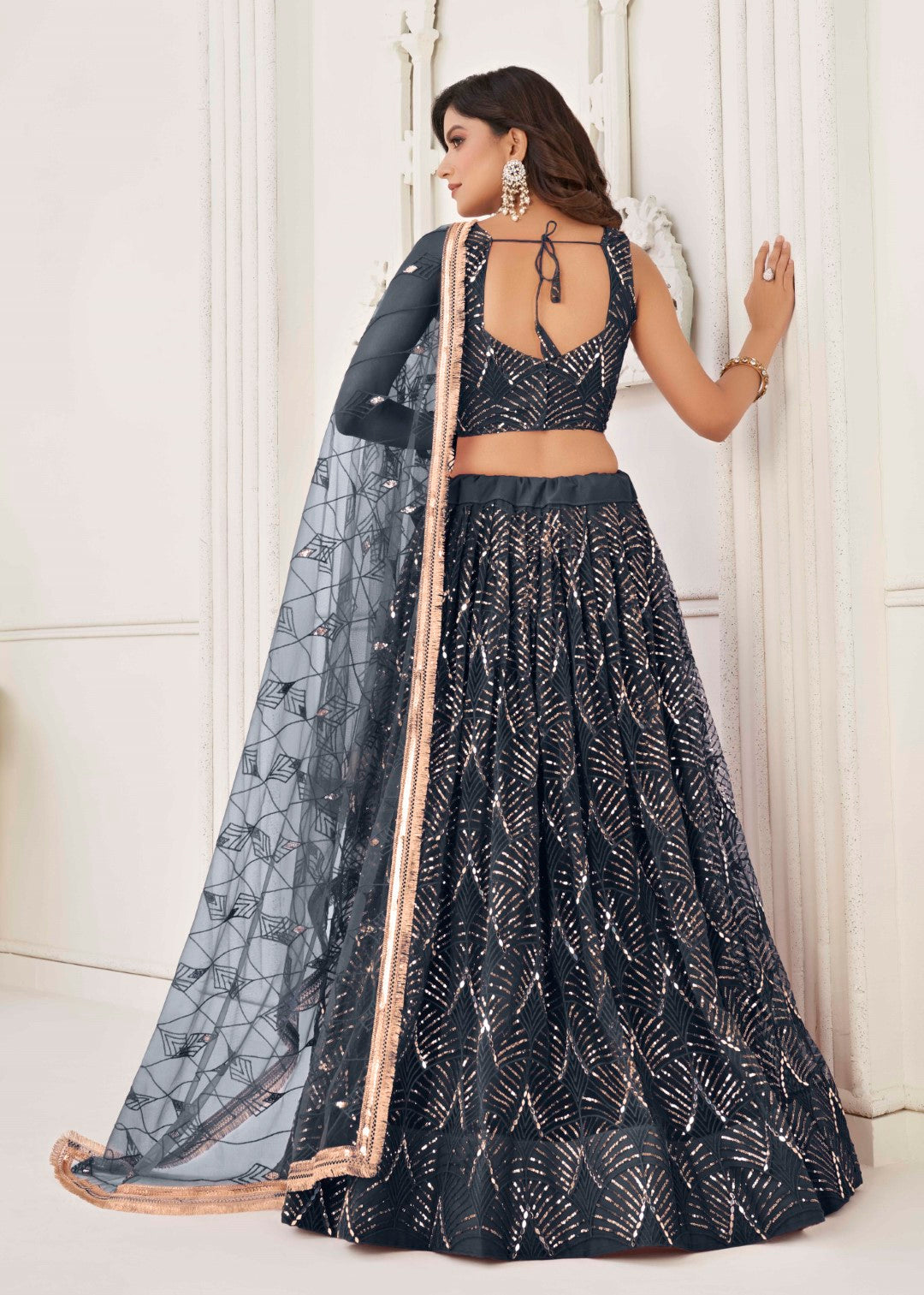 Women's Black Net Thread Embroidery Lehenga Set - Gruhnaree