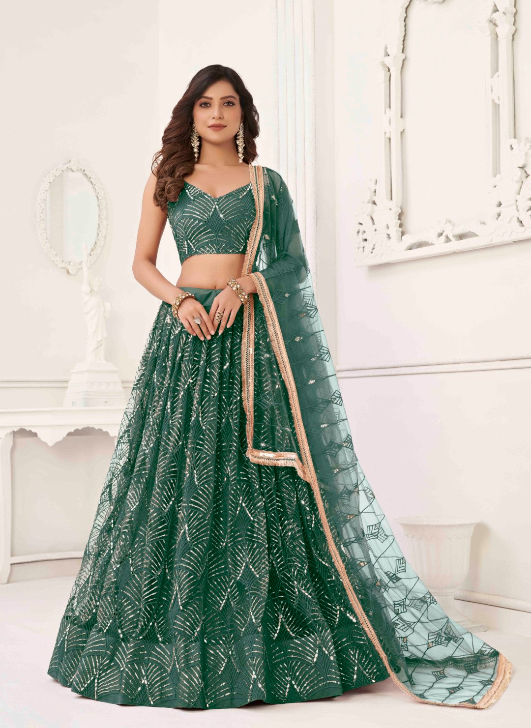 Women's Green Net Thread Embroidery Lehenga Set - Gruhnaree