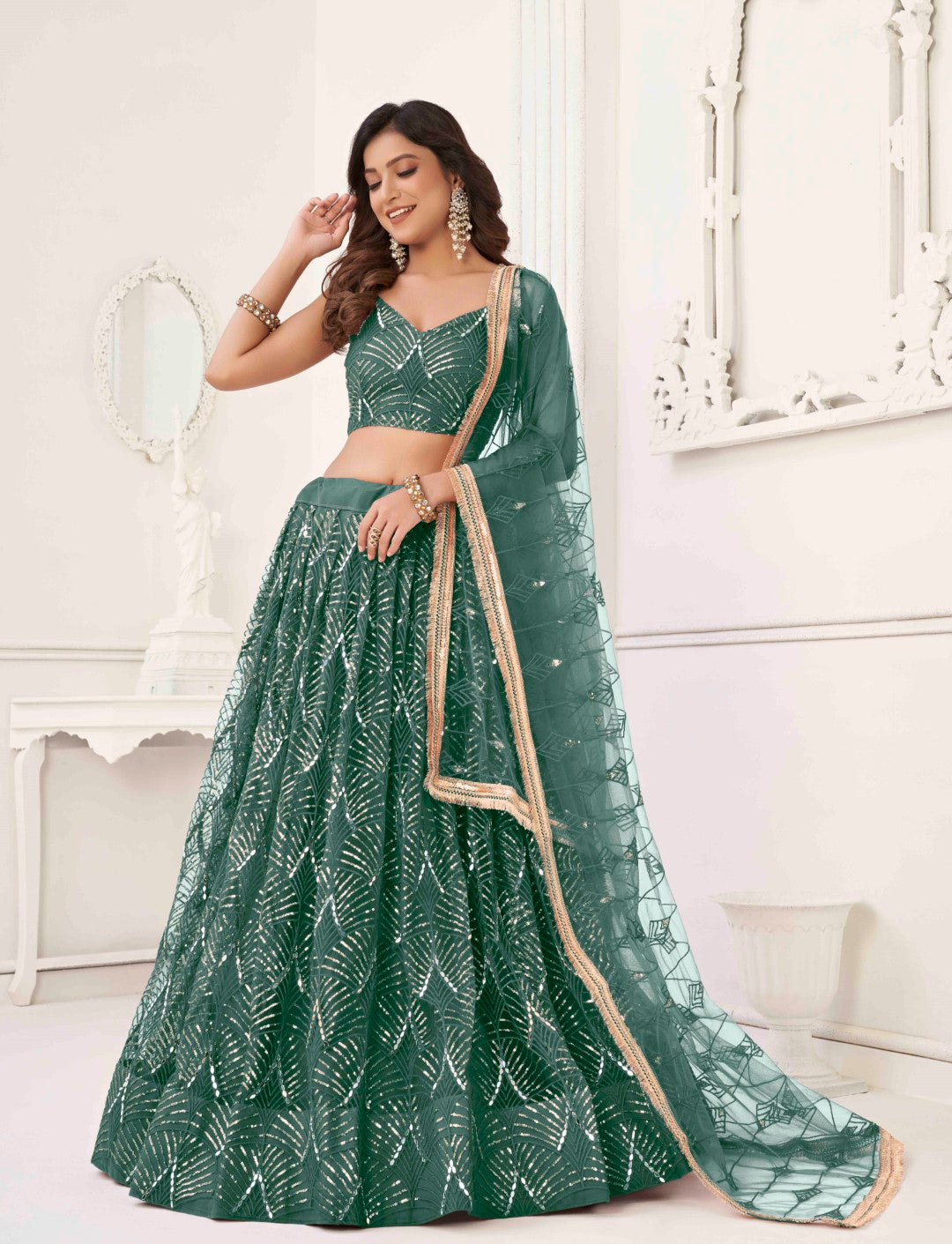 Women's Green Net Thread Embroidery Lehenga Set - Gruhnaree