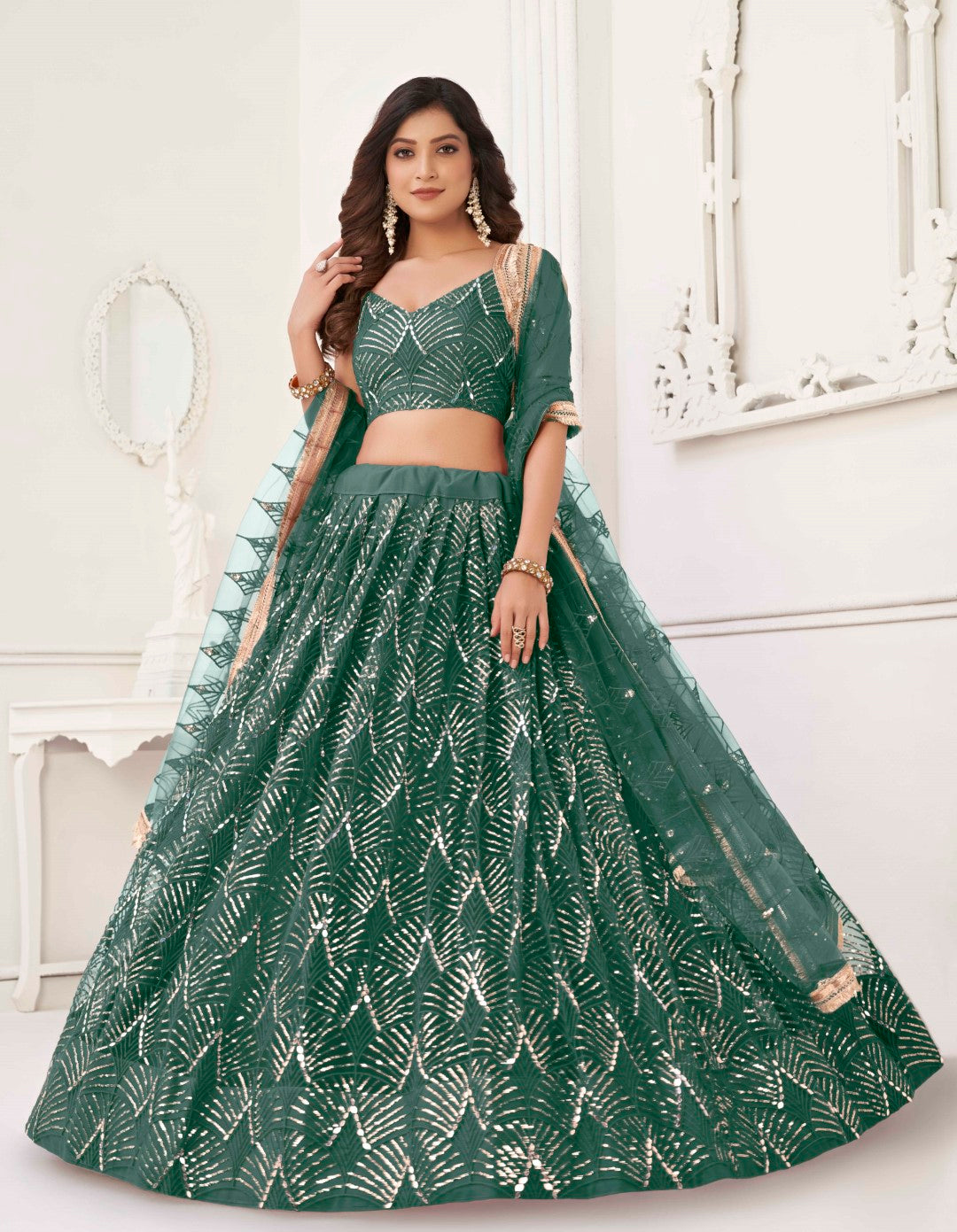 Women's Green Net Thread Embroidery Lehenga Set - Gruhnaree