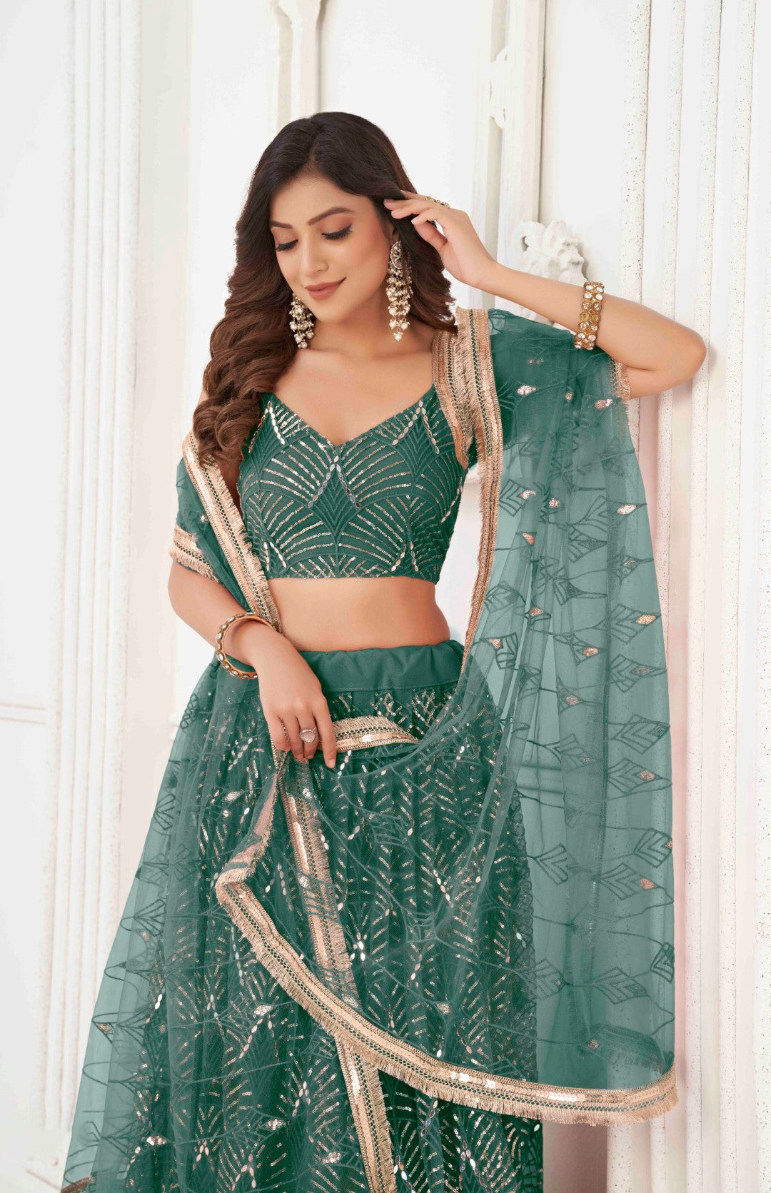 Women's Green Net Thread Embroidery Lehenga Set - Gruhnaree