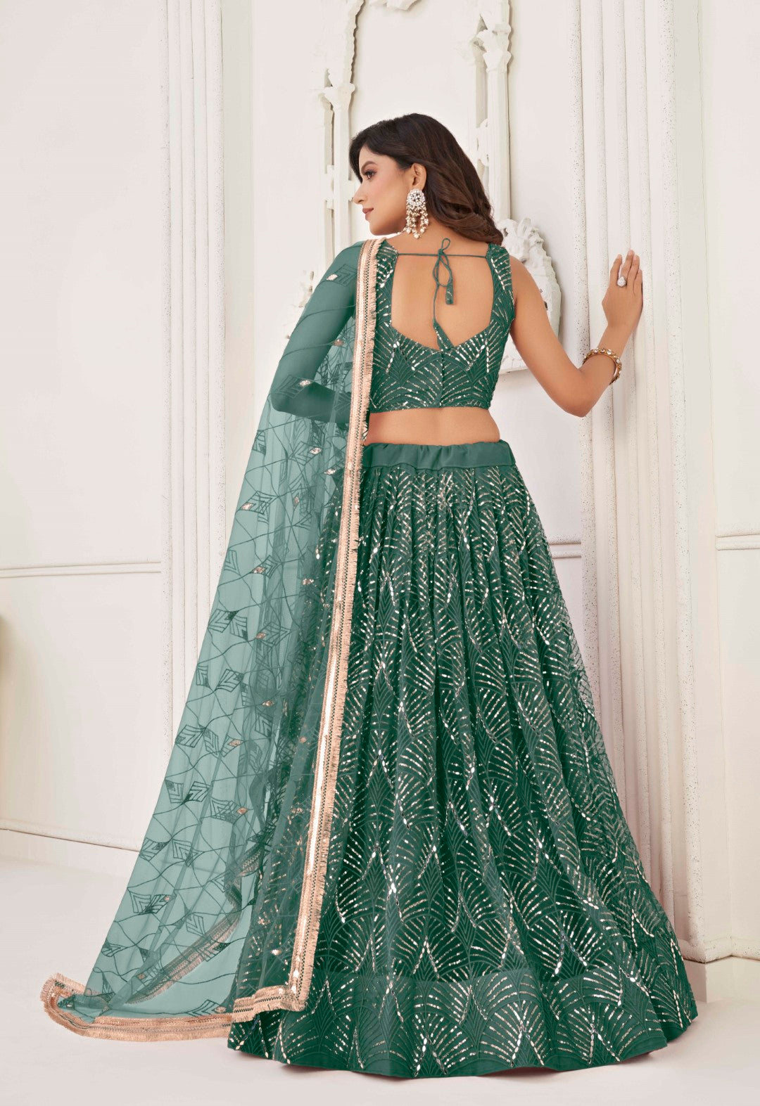 Women's Green Net Thread Embroidery Lehenga Set - Gruhnaree