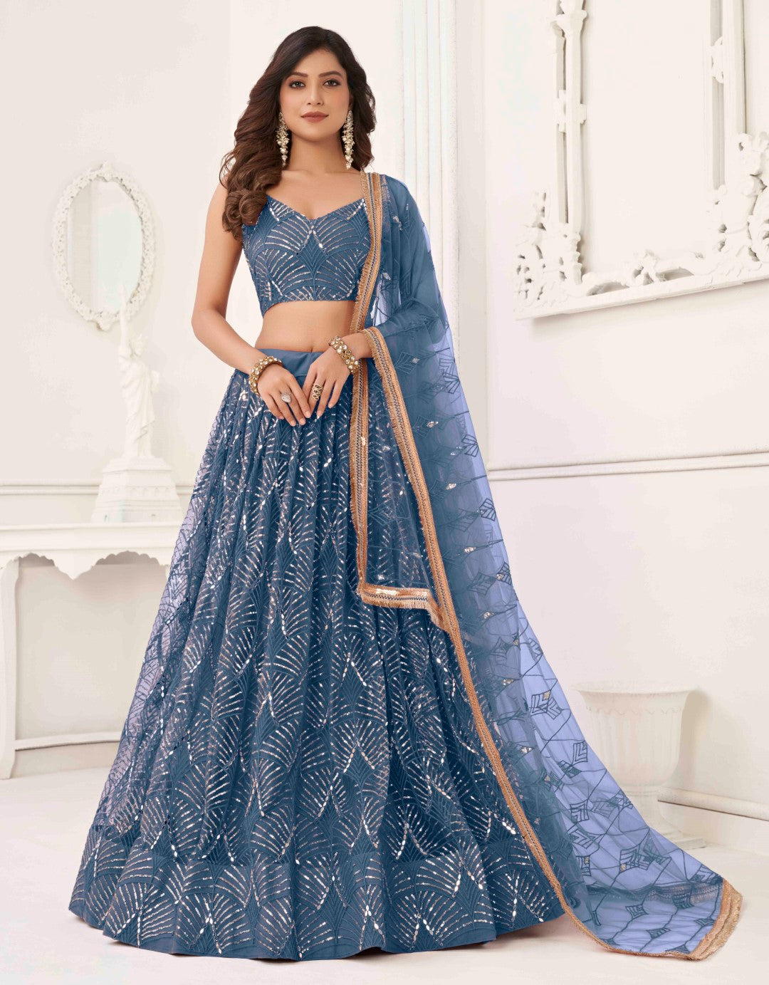 Women's Peach Net Thread Embroidery Lehenga Set - Gruhnaree