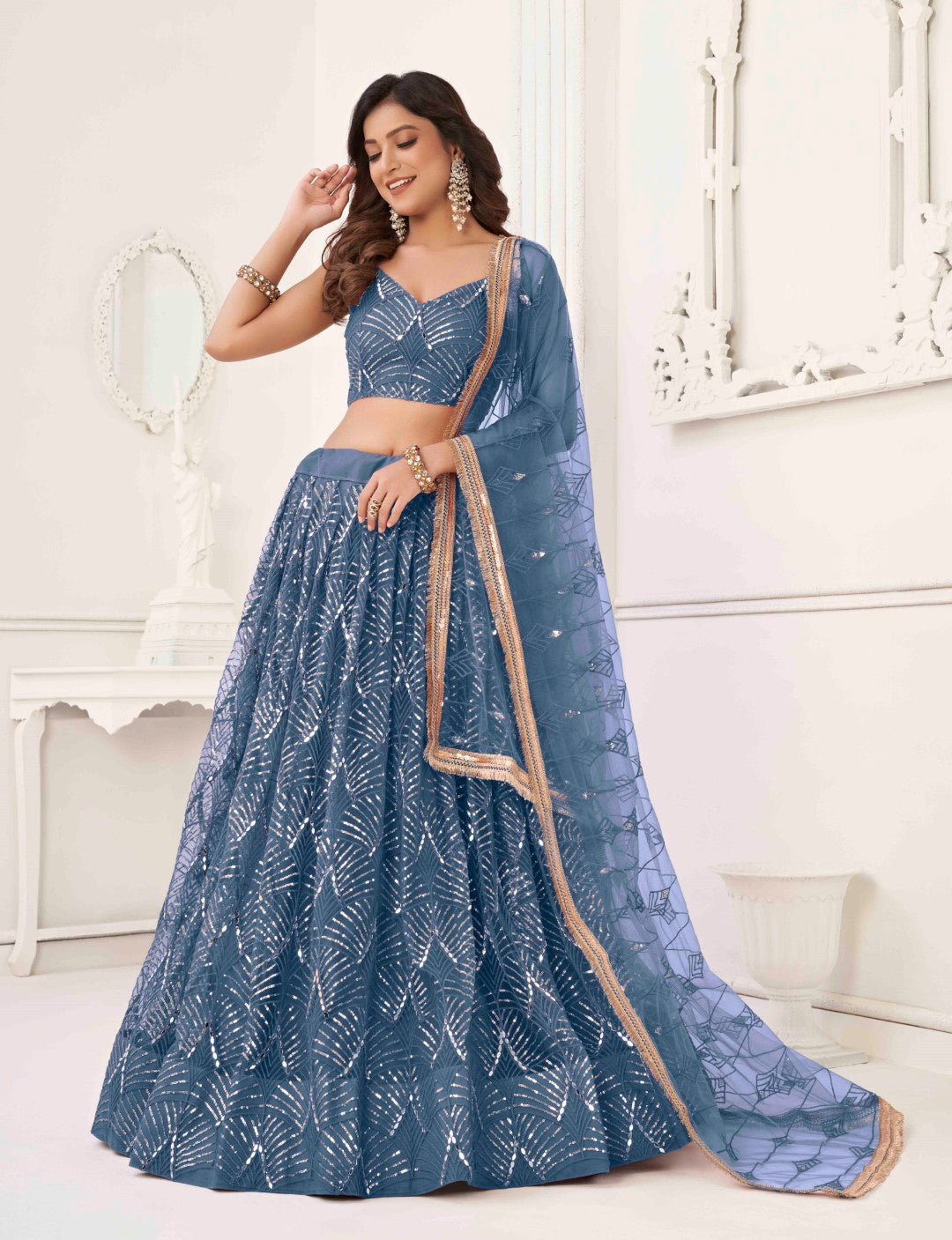 Women's Peach Net Thread Embroidery Lehenga Set - Gruhnaree