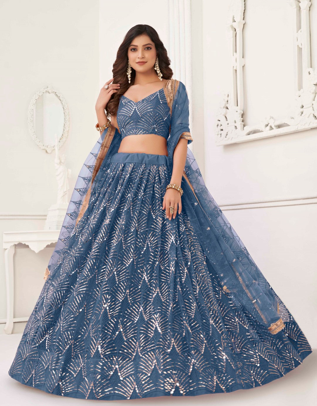 Women's Peach Net Thread Embroidery Lehenga Set