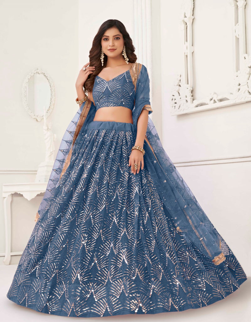 Women's Peach Net Thread Embroidery Lehenga Set