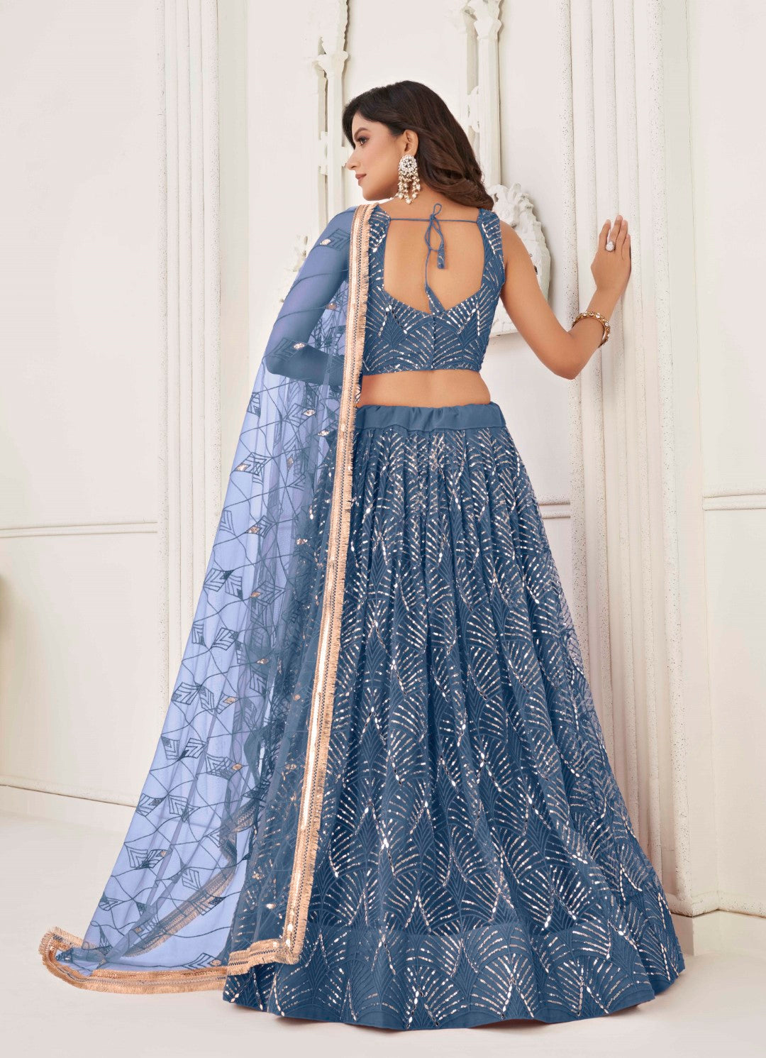 Women's Peach Net Thread Embroidery Lehenga Set - Gruhnaree