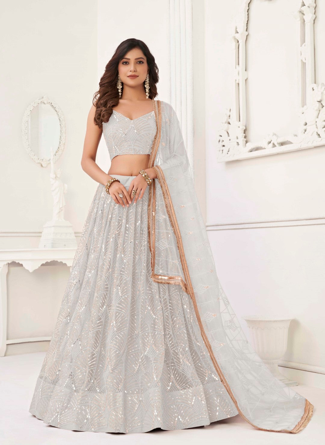 Women's Off White Net Thread Embroidery Lehenga Set - Gruhnaree