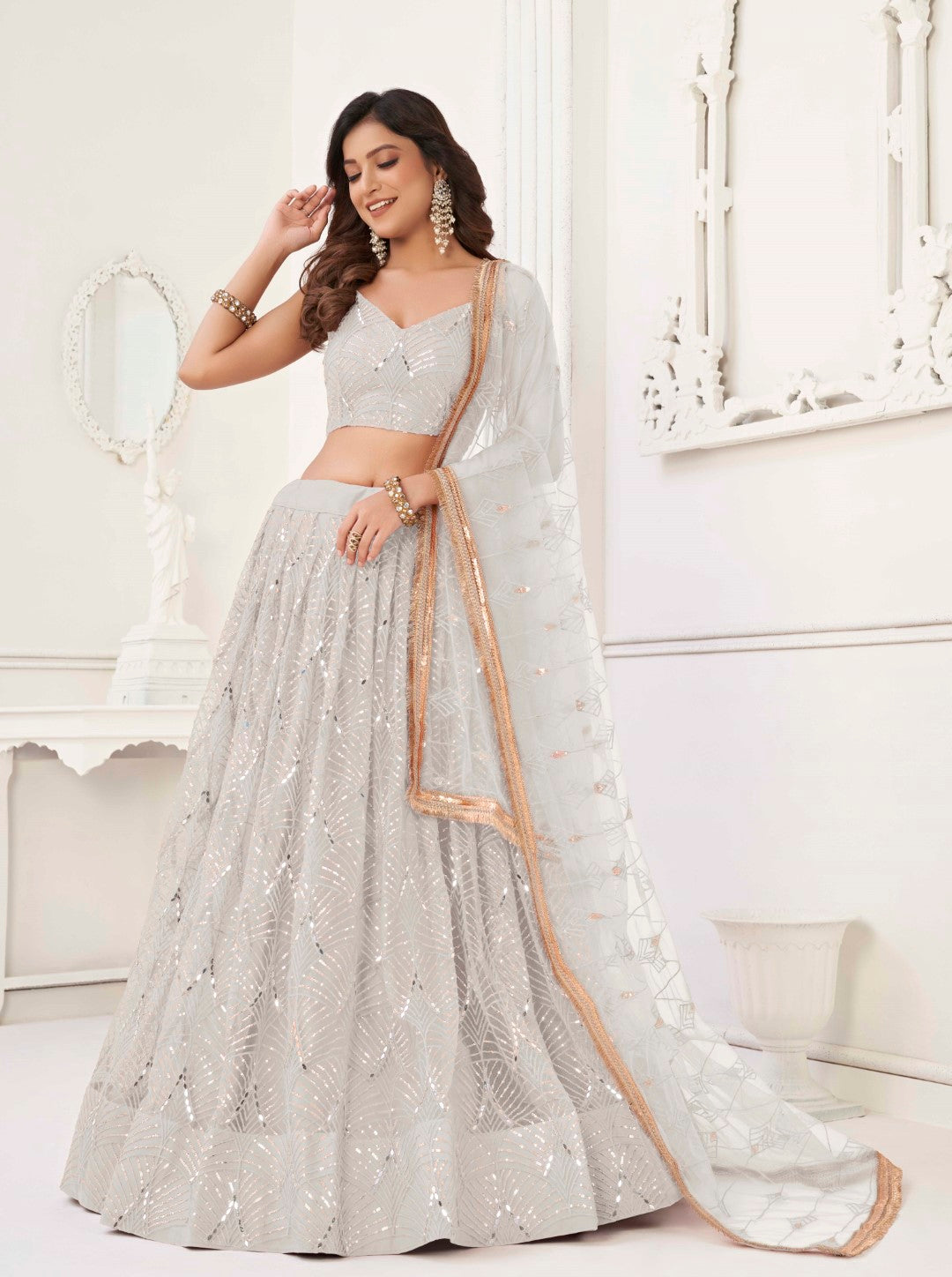 Women's Off White Net Thread Embroidery Lehenga Set - Gruhnaree