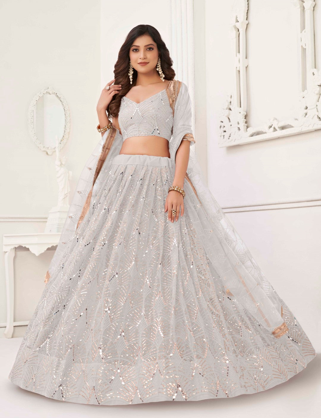 Women's Off White Net Thread Embroidery Lehenga Set - Gruhnaree