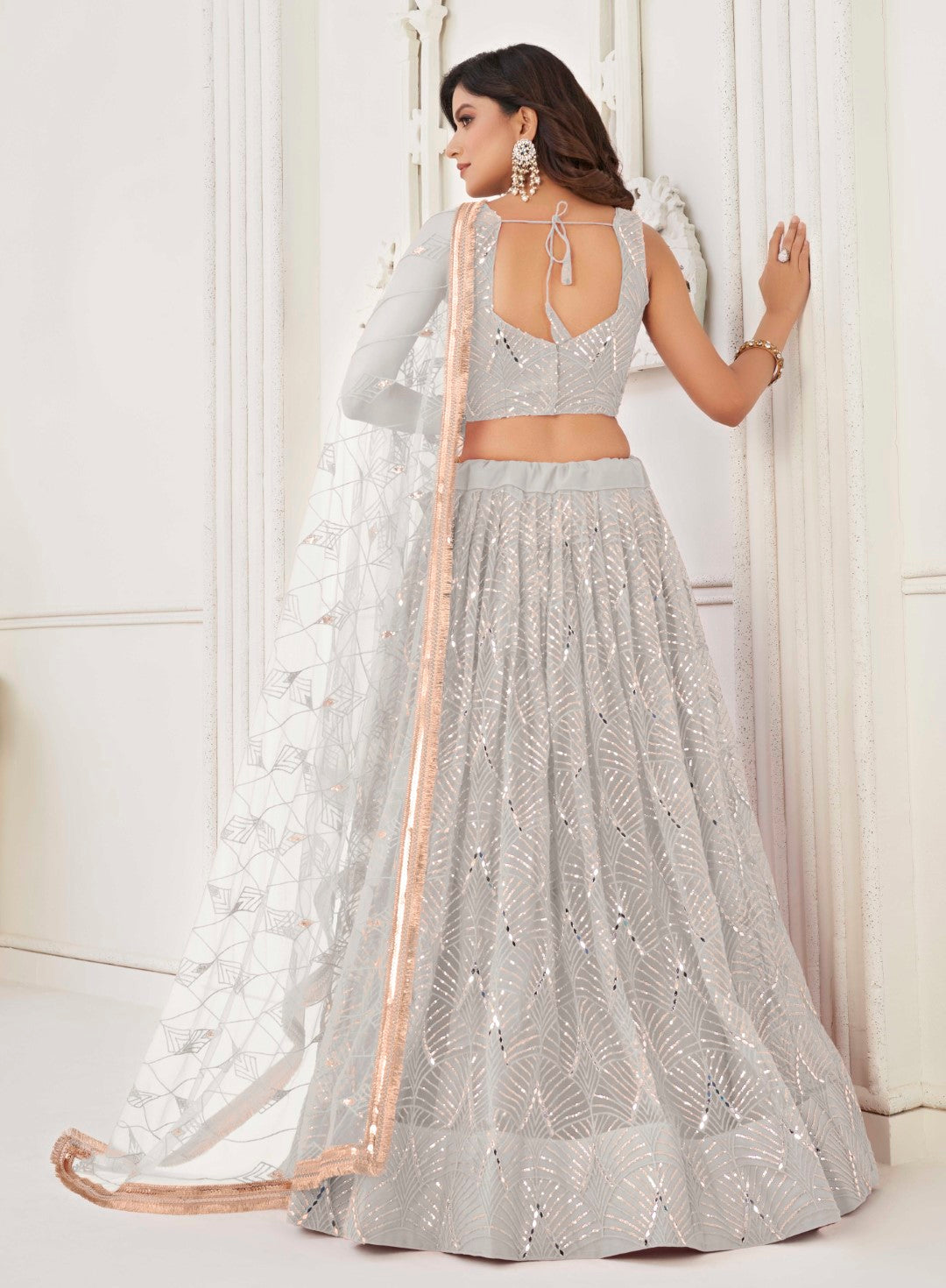 Women's Off White Net Thread Embroidery Lehenga Set - Gruhnaree