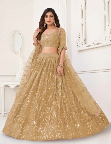 Women's Beige Net Thread Embroiderey With All Over Sequins Work Lehenga - Gruhnaree