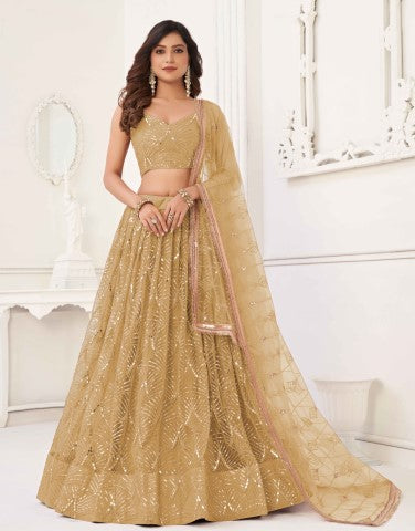 Women's Beige Net Thread Embroiderey With All Over Sequins Work Lehenga