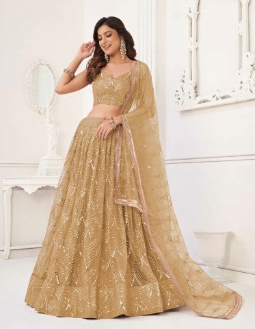 Women's Beige Net Thread Embroiderey With All Over Sequins Work Lehenga