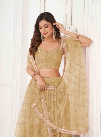 Women's Beige Net Thread Embroiderey With All Over Sequins Work Lehenga