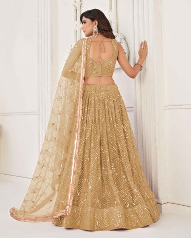 Women's Beige Net Thread Embroiderey With All Over Sequins Work Lehenga