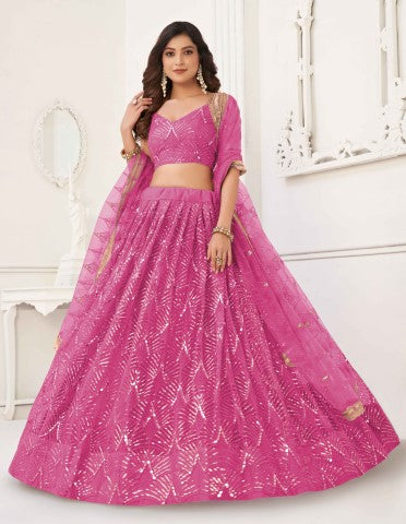 Women's Pink Net Thread Embroiderey With All Over Sequins Work Lehenga - Gruhnaree